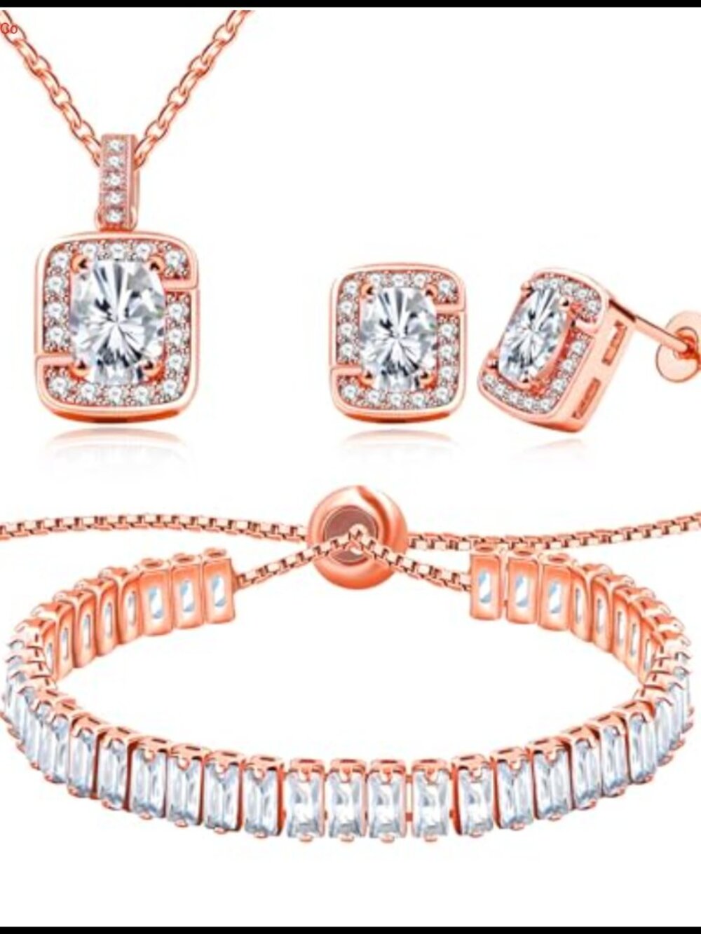 Cubic Zirconia Necklace Bracelet Earrings Set Brass Rose Gold Plated Women
